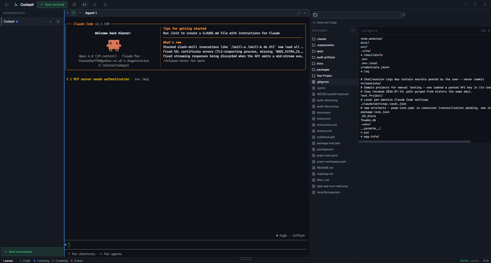 Codepit running a Claude Code agent in a terminal pane, with a workspaces rail on the left, a status bar showing idle, working, waiting and error counts, and an IDE dock on the right showing the file tree and git changes.