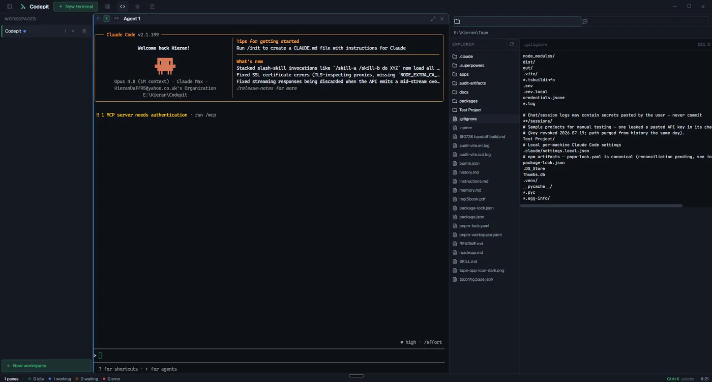 Codepit running a Claude Code agent in a terminal pane, with a workspaces rail on the left, a status bar showing idle, working, waiting and error counts, and an IDE dock on the right showing the file tree and git changes.