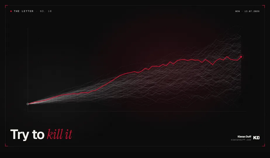 Try to Kill It cover image: a single red equity curve rising through a fan of hundreds of faded Monte Carlo paths